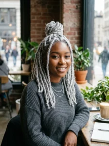 Silver dyed locs hairstyle