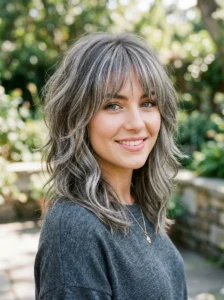 Silver highlights with bangs hairstyle