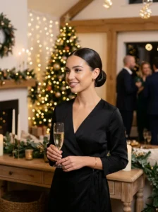 Low sleek bun elegant Christmas hairstyle