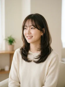 soft layered haircut, natural flow, medium length hair, Korean style, clean background
