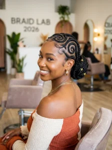 Creative pattern swirl cornrows hairstyle