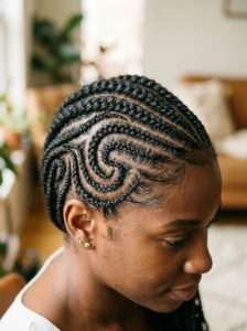 neat swirl cornrows pattern, clean scalp, curved braids, natural hair, close-up
