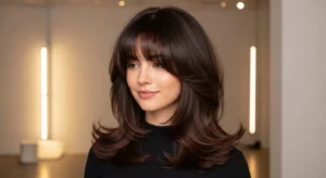 sleek wolf cut with curtain bangs polished layered hairstyle