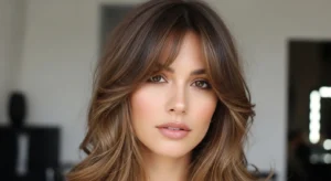 Long wolf cut with curtain bangs, soft layered feminine hairstyle, face framing haircut for long hair, modern wolf cut style 