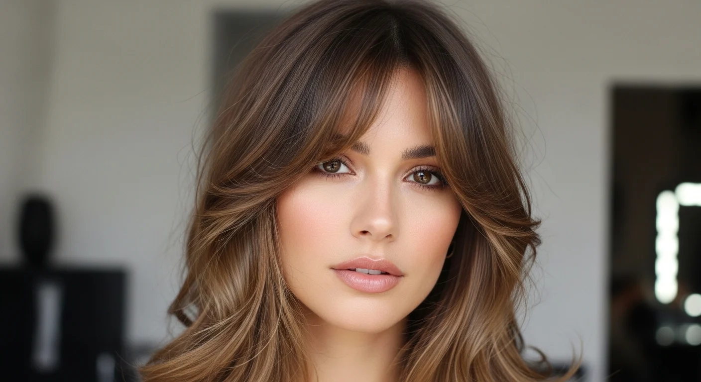 Long wolf cut with curtain bangs, soft layered feminine hairstyle, face framing haircut for long hair, modern wolf cut style