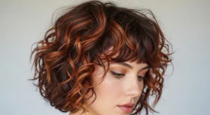 short curly wolf cut with curtain bangs, natural curls, volume and texture, warm tones
