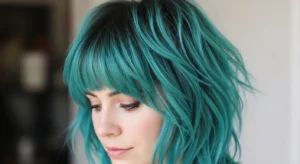 Wolf cut with teal bangs and shaggy layered texture