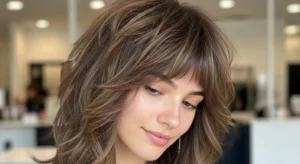 : shaggy wolf cut with wispy curtain bangs textured hairstyle