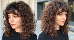 Curly wolf cut with curved bangs and defined curls