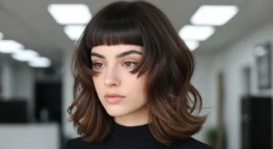 Medium-length wavy wolf cut with blunt bangs and soft waves