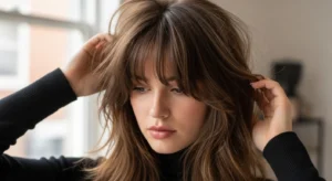 textured wolf cut with wispy curtain bangs and soft volume