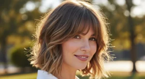 Alt Text:
feathered short wolf cut with curtain bangs