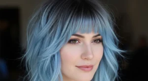 Wolf cut with blue ombre bangs and layered texture