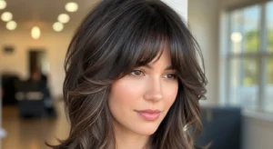 wolf cut with curtain bangs face framing layered hairstyle