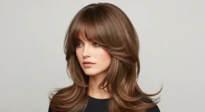 classic long wolf cut with soft curtain bangs and blended layers