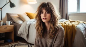 Messy wavy wolf cut with airy bangs and natural text