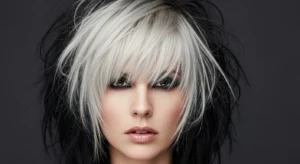 Wolf cut with blonde bangs on dark hair and layered style