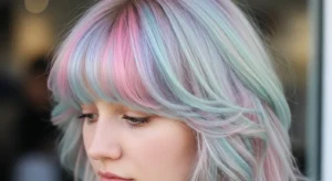 Wolf cut with pastel rainbow bangs and soft layered texture