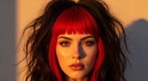 Wolf cut with red bangs and voluminous layered hair
