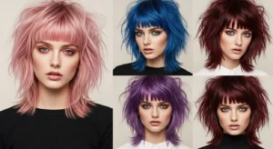 Wolf cut hairstyles with colored bangs collage featuring pink blue purple and burgundy fringe ideas