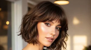 Short wolf cut with curtain bangs on brunette hair with soft layers and modern chic hairstyle look