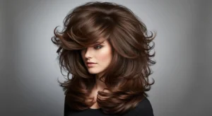Voluminous wolf cut without bangs with thick layered hair and volume