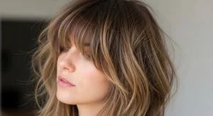 messy wolf cut with curtain bangs tousled hairstyle