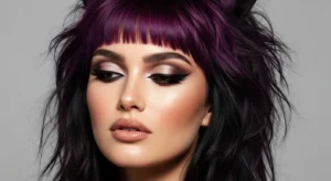 Wolf cut with purple bangs and shaggy layered style
