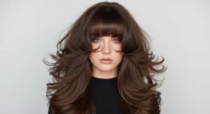 voluminous wolf cut with thick curtain bangs and full layers