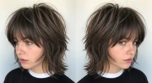 Shaggy wolf cut with long curtain bangs