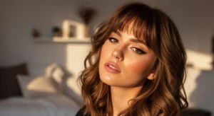 Wavy wolf cut with bangs hairstyle featuring soft layers and natural volume in a modern aesthetic setting