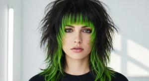 Wolf cut with neon green bangs and edgy layered texture