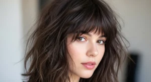 messy wolf cut with curtain bangs tousled hairstyle