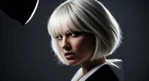 blonde short wolf cut with curtain bangs and chic modern style