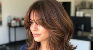 medium wolf cut with curtain bangs shoulder length layered hairstyle