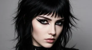 edgy black wolf cut with curtain bangs and dramatic style