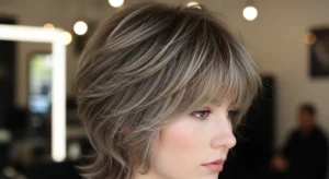 Razor cut wolf hairstyle with curtain bangs
