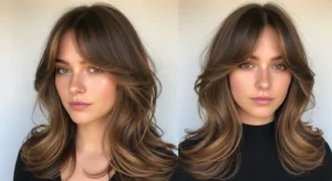wolf cut with curtain bangs blended layered hairstyle