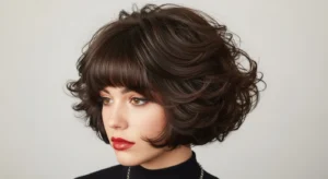 Voluminous wolf cut with thick curtain bangs