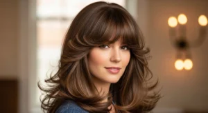 wolf cut with flipped curtain bangs and layered ends
