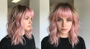 Wolf cut with soft pink bangs and layered medium hair