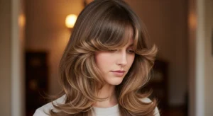 wolf cut with flipped curtain bangs and layered ends