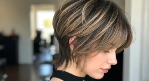 short wolf cut with tapered neck and curtain bangs