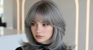 Wolf cut with ash gray bangs and cool toned layers