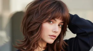 wolf cut with curtain bangs face framing layered hairstyle 