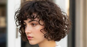 Curly wolf cut with curtain bangs