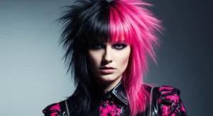 Wolf cut with split color bangs and edgy layered hairstyle