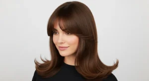 wolf cut with curved curtain bangs and soft layers