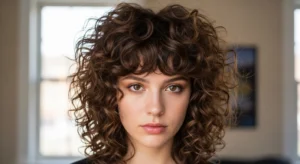 curly wolf cut with curtain bangs natural textured hairstyle