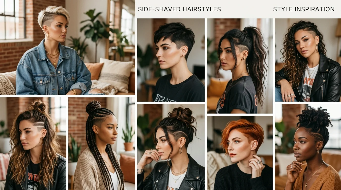 Side shaved hairstyles collage with bold and balanced looks